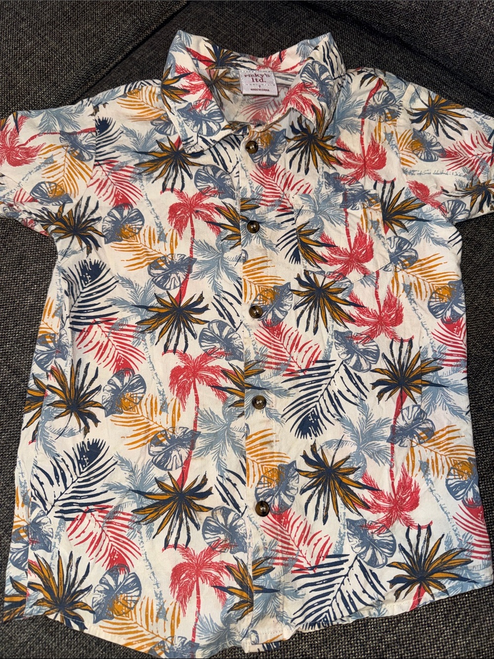 Boys Tropical Palm Print Button-Down Shirt - White/Multi